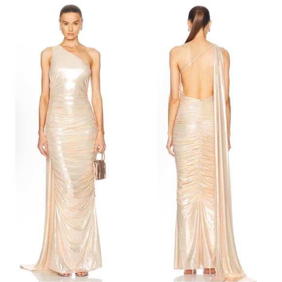 Retrofete Shannon One Shoulder Ruched Draped Metallic Gold Maxi Dress Sz XS - Picture 1 of 10